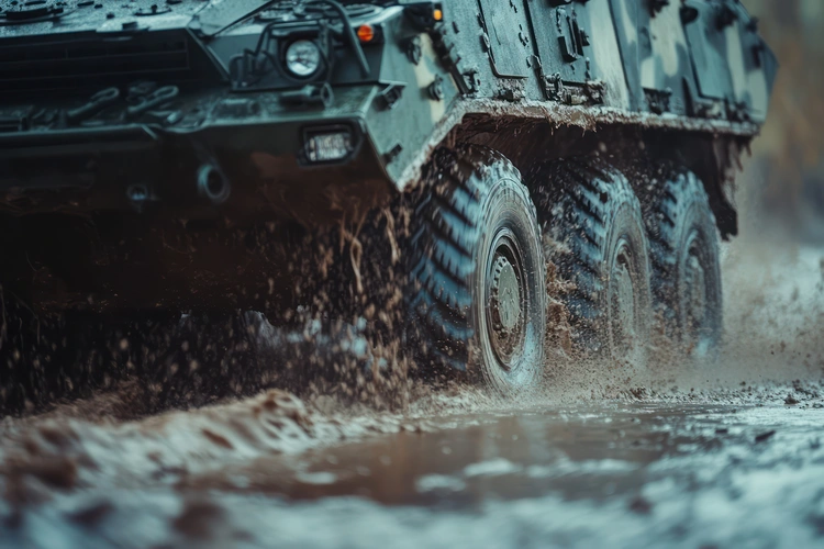 A heavy military vehicle navigating through a snowy landscape under bright skies.